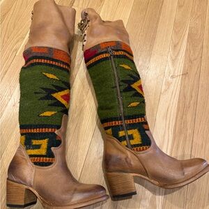 Freebird Tan and Green Over the Knee Boots